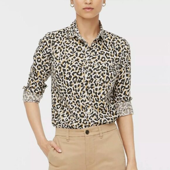 J. Crew Women's Long Sleeve Button‎ Down Blouse MEDIUM Leopard Print Cotton - Picture 1 of 9